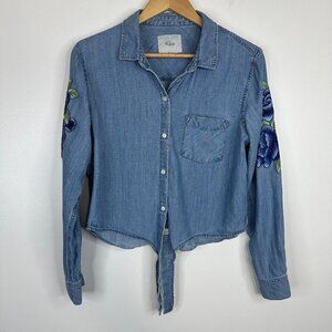 RAILS  Embroidered Patch Val Chambray Tie Waist Pocket Blouse Shirt 100% Tencel